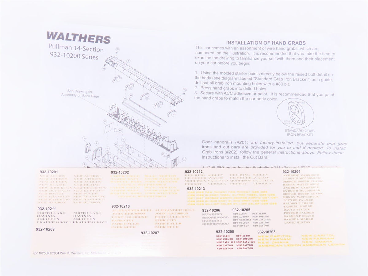 HO Walthers Classic 932-10201 Pullman HW 14 Section Plan 3958A Passenger Car