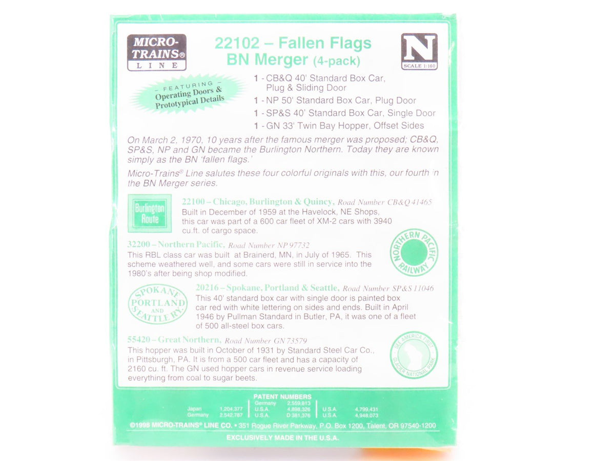 N Micro-Trains MTL 22102 Fallen Flags BN Merger 2-Bay Hopper &amp; Box Cars 4-Pack