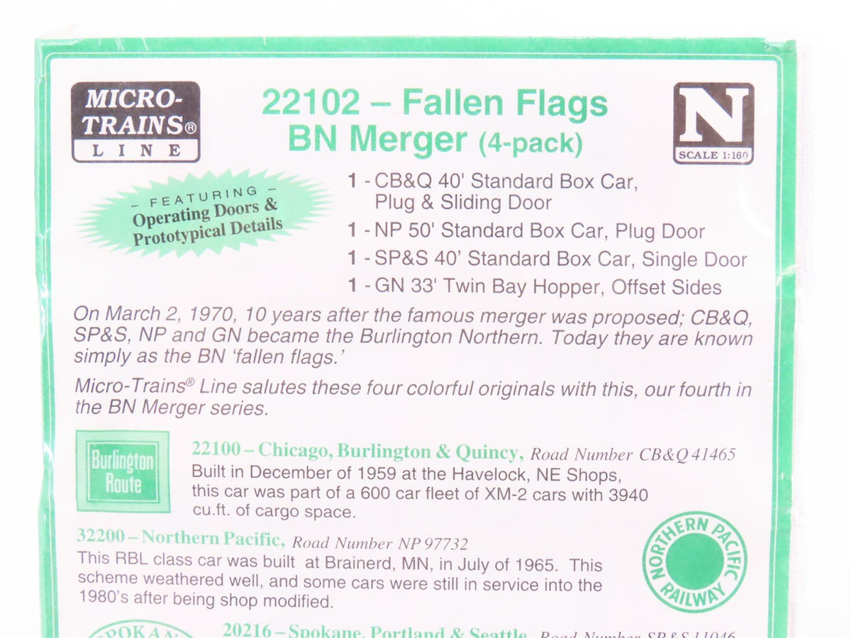 N Micro-Trains MTL 22102 Fallen Flags BN Merger 2-Bay Hopper &amp; Box Cars 4-Pack