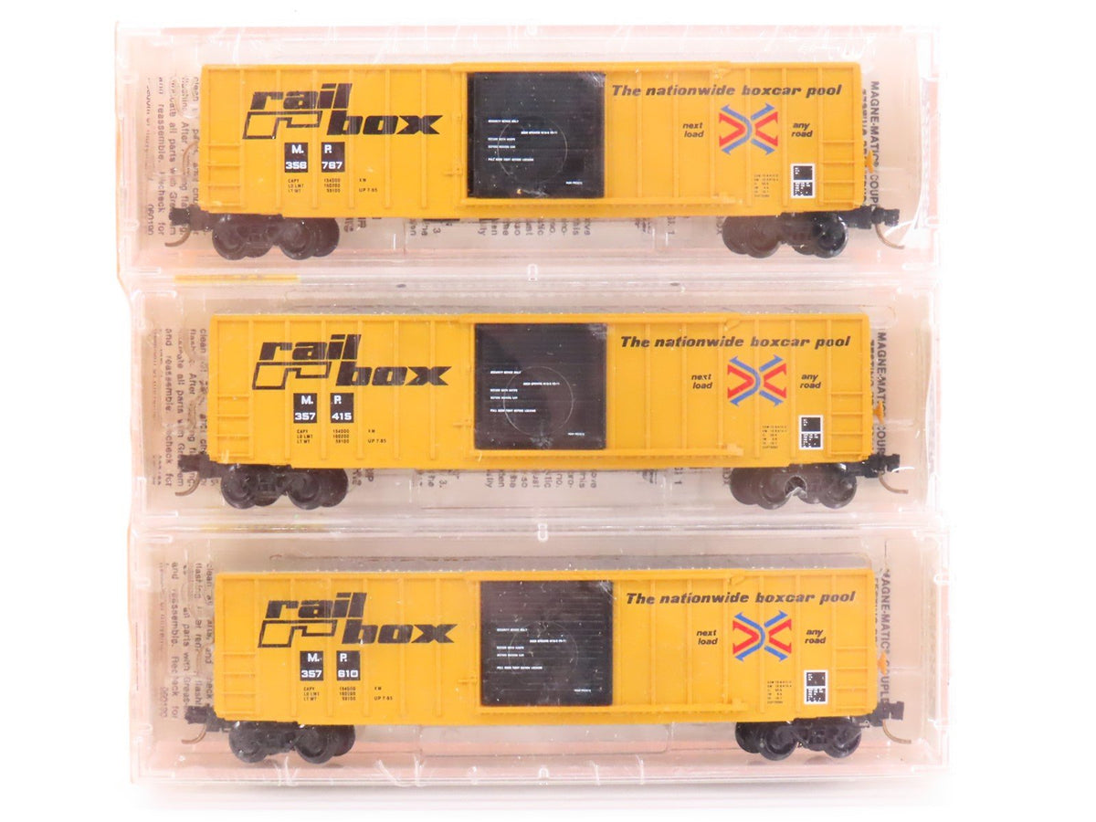 N Scale Micro-Trains MTL 25502 MP Railbox 50&#39; Single Door Box Cars Sealed 3-Pack