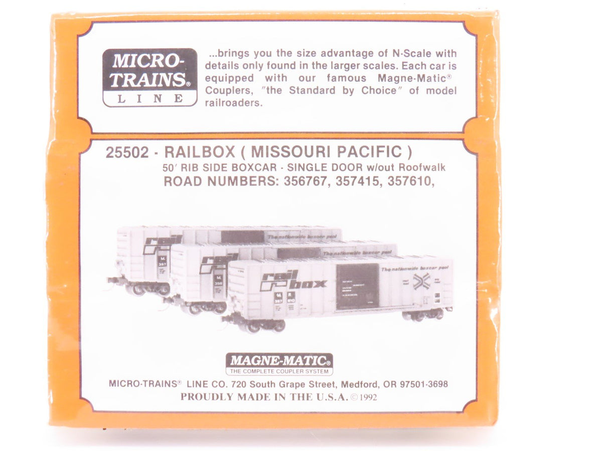 N Scale Micro-Trains MTL 25502 MP Railbox 50&#39; Single Door Box Cars Sealed 3-Pack