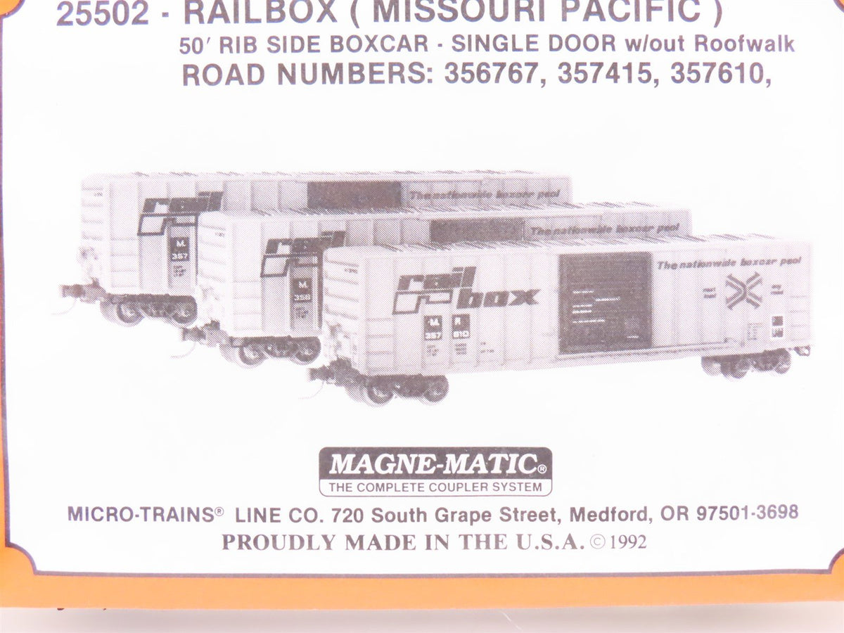 N Scale Micro-Trains MTL 25502 MP Railbox 50&#39; Single Door Box Cars Sealed 3-Pack