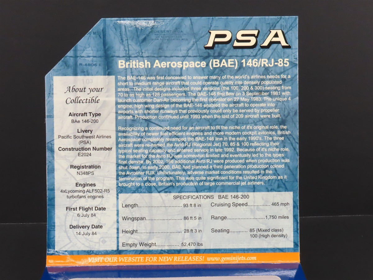 1:400 GeminiJets GJPSA675 Die-Cast PSA Pacific Southwest BAe 146-200 Airliner