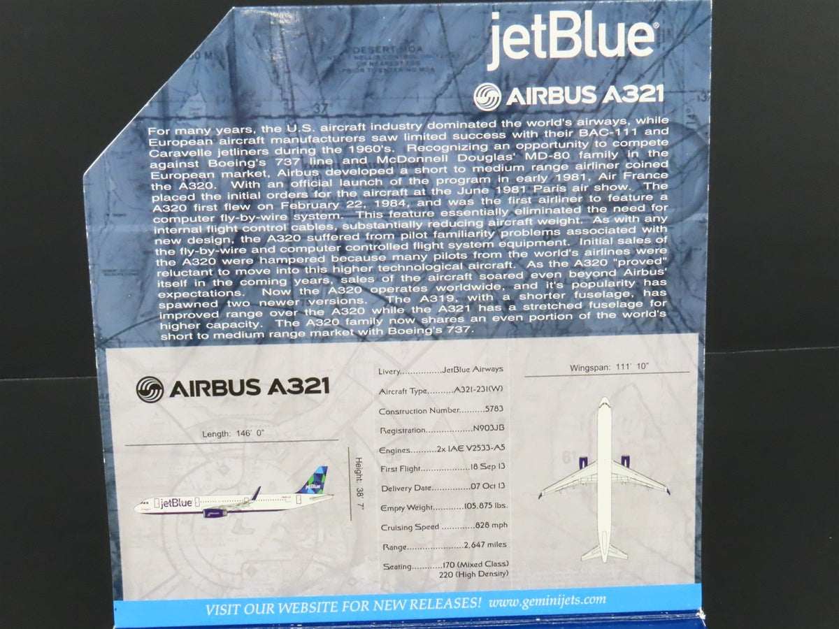 1:400 Scale Gemini Jets GJJBU1400 Die-Cast JetBlue Airways Airbus A321 Airliner