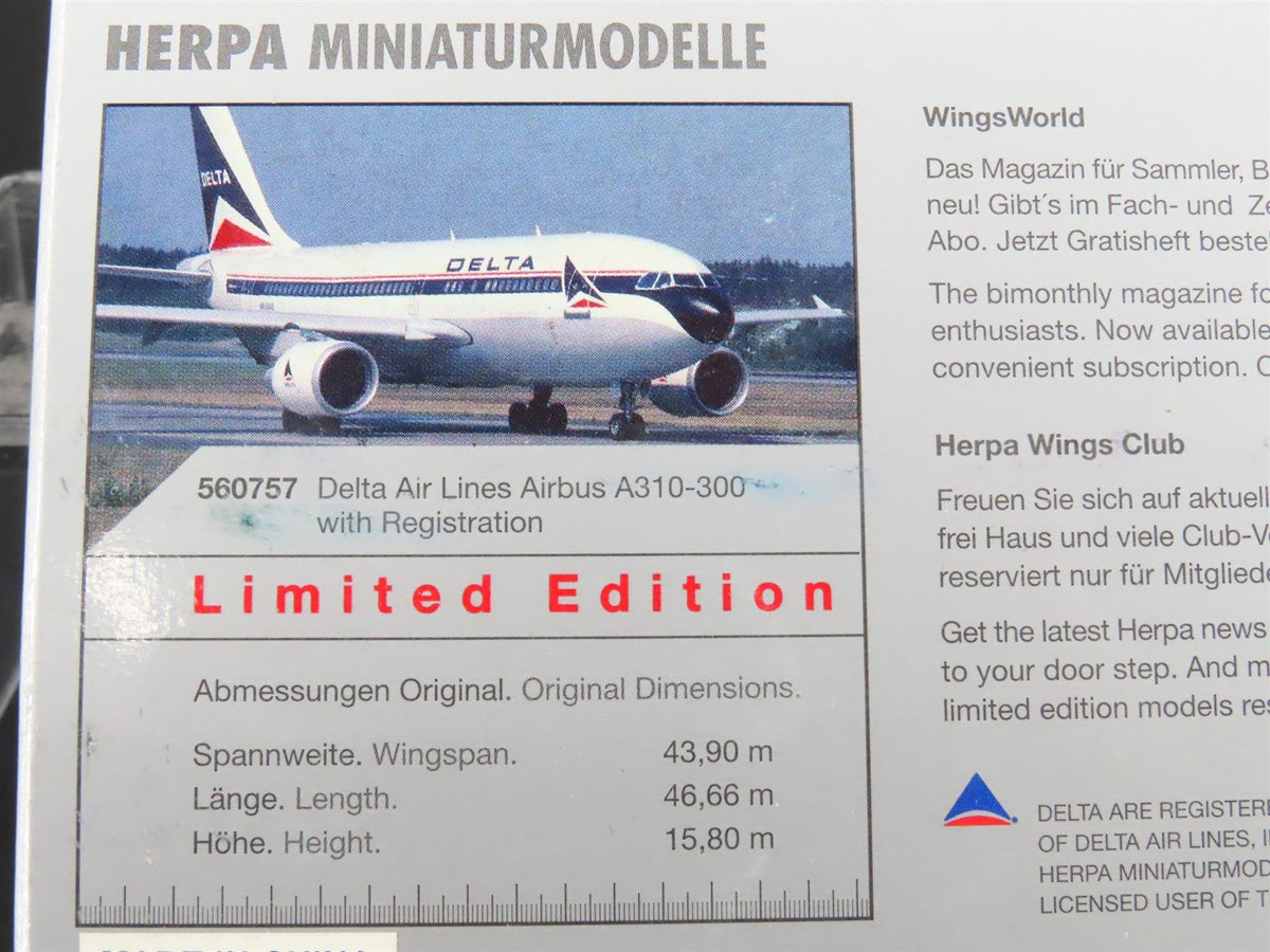 1:400 Scale herpa 560757 Die-Cast Delta Airlines Airbus A310-300 AIrliner