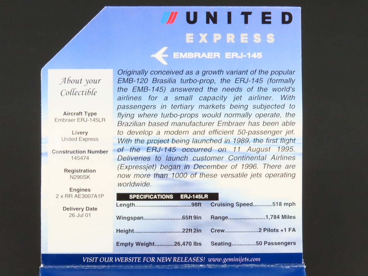 1:400 Gemini Jets GJUAL621 Die-Cast United Express Embraer ERJ-145 Airliner