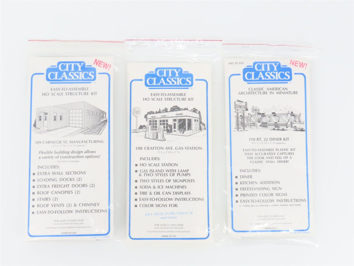 LOT of 3 HO Scale City Classics Diner, Gas Station &amp; Manufacturing Building Kits