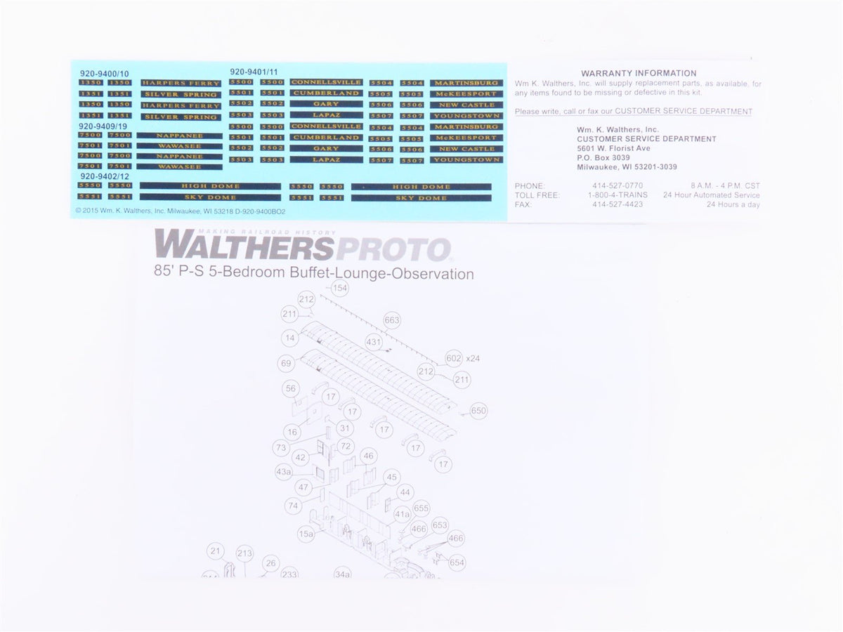 HO Scale Walthers Proto 920-9419 B&amp;O 85&#39; P-S Lounge-Obs Passenger Car &quot;Wawasee&quot;