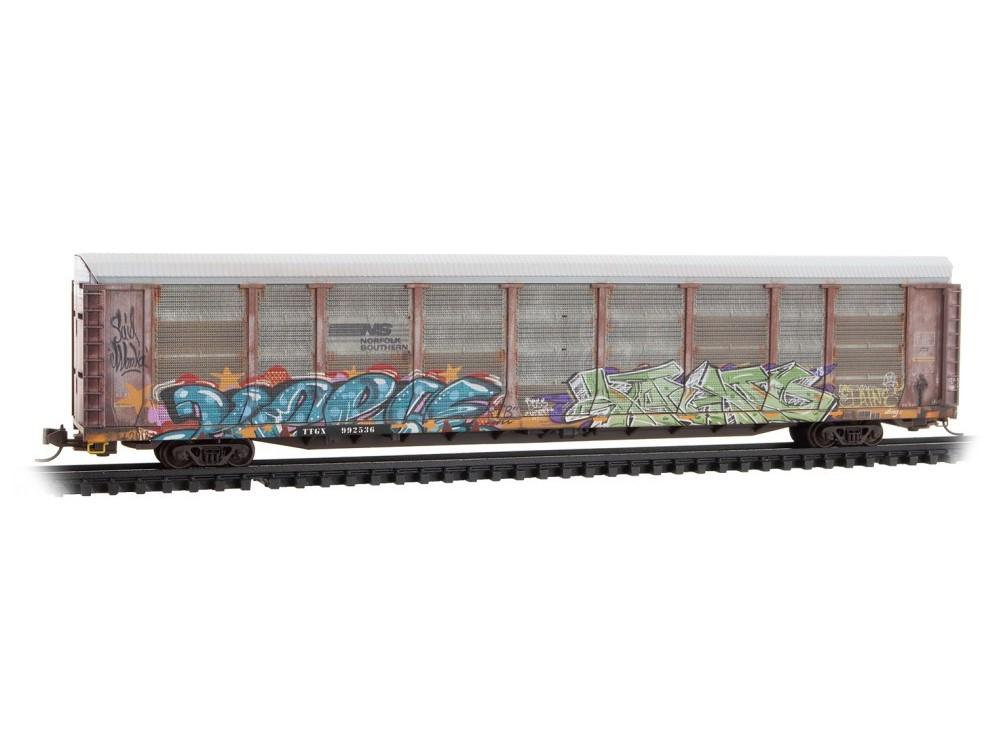 N Micro-Trains MTL 11144480 TTGX / NS 89&#39; Tri-Level Auto Rack #992536 w/Graffiti