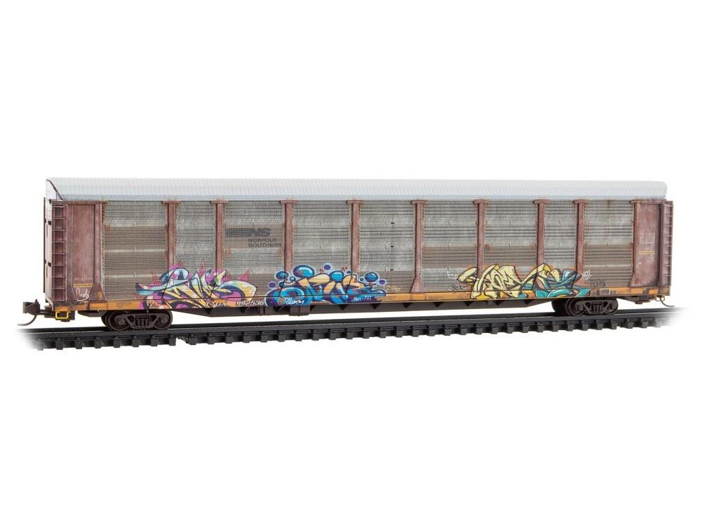 N Micro-Trains MTL 11144480 TTGX / NS 89&#39; Tri-Level Auto Rack #992536 w/Graffiti