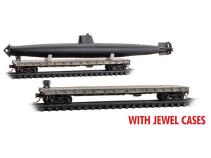 N Micro-Trains MTL 98302256 Unlettered Flat Cars 2-Pack - Weathered w/ Submarine