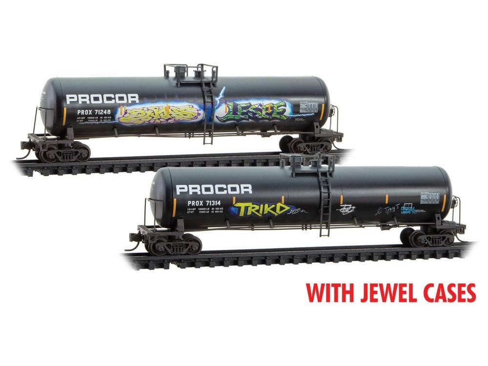 N Scale Micro-Trains MTL 98305086 PROX Procor 56&#39; Tank Cars 2-Pack w/ Graffiti