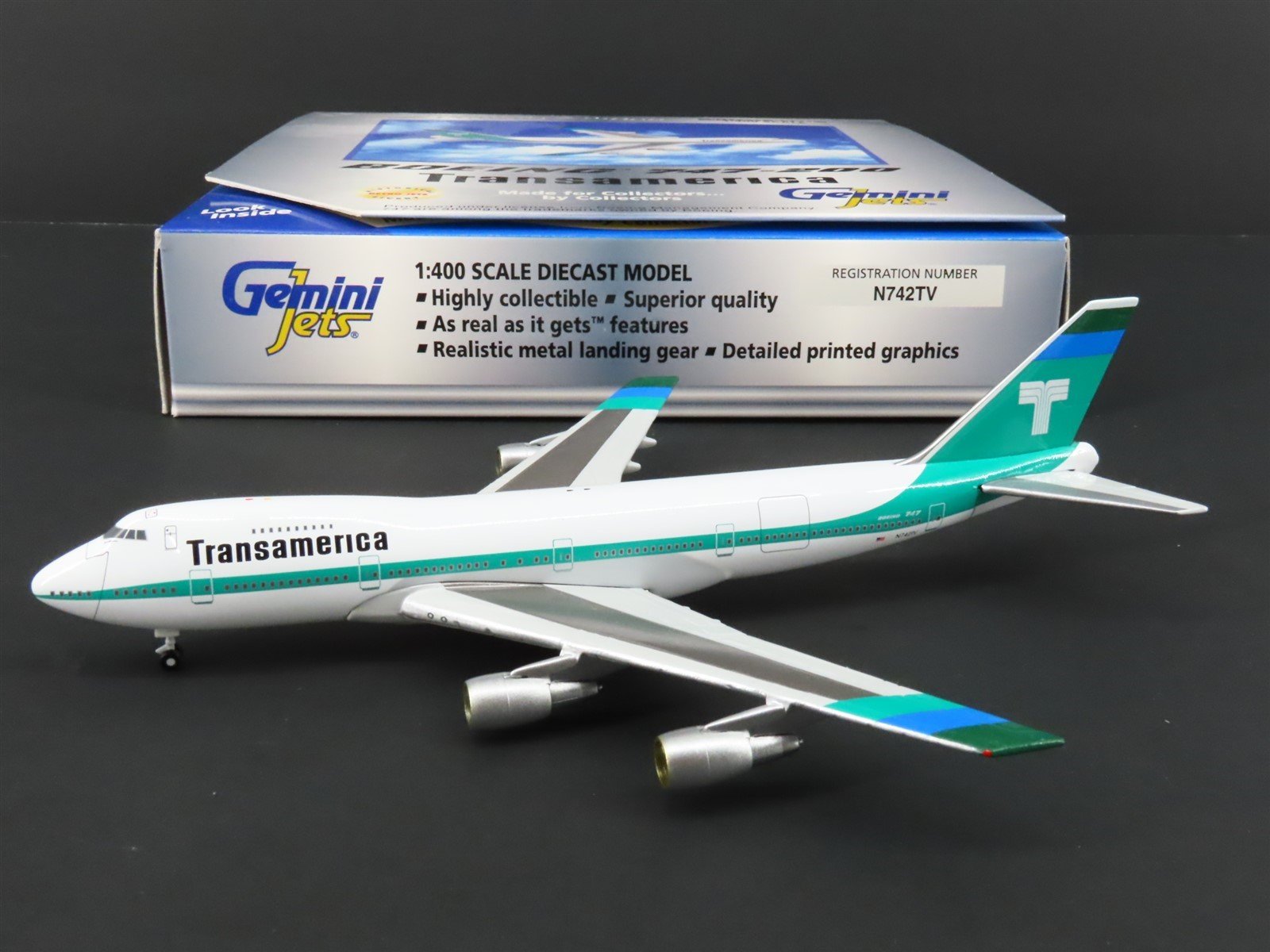 1:400 Scale Gemini Jets Die-Cast Transamerica Boeing B747-200 Airliner #N742TV