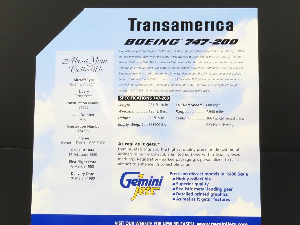 1:400 Scale Gemini Jets Die-Cast Transamerica Boeing B747-200 Airliner #N742TV