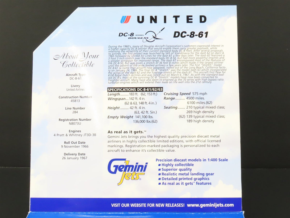 1:400 Scale Gemini Jets GJUAL097 United McDonnell Douglas DC-8 Airliner #N8073U