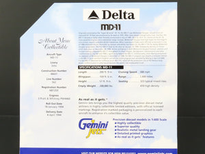 1:400 Scale Gemini Jets GJDAL168 Delta McDonnell Douglas MD-11 Airliner #N812DE