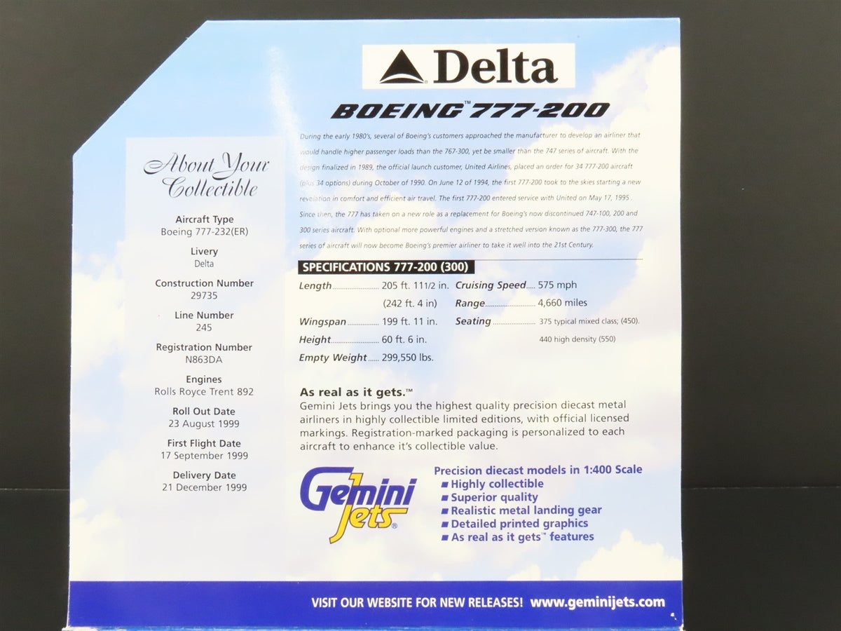 1:400 Scale Gemini Jets GJDAL090 Die-Cast Delta Boeing B777-200 Airliner #N863DA