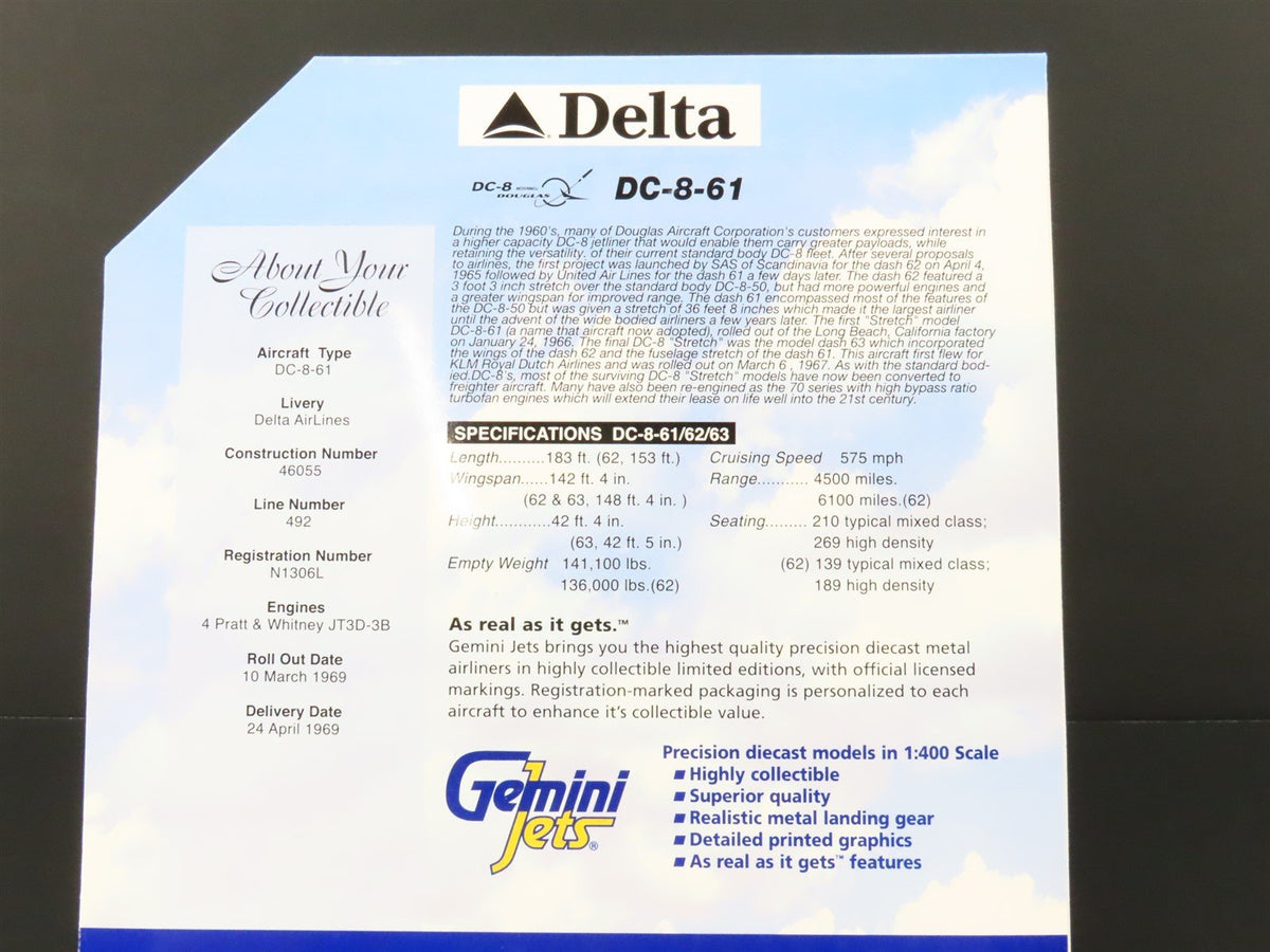 1:400 Gemini Jets GJDAL100 Delta McDonnell Douglas DC-8-61 Airliner #N1306L