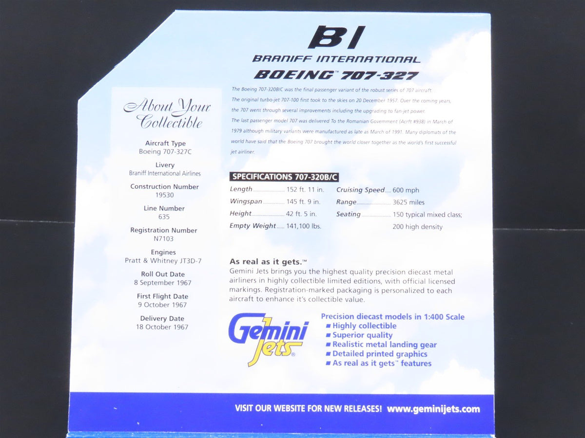 1:400 GeminiJets Limited Edition GJBNF214 Brannif Int&#39;l Boeing 707-327 Airliner