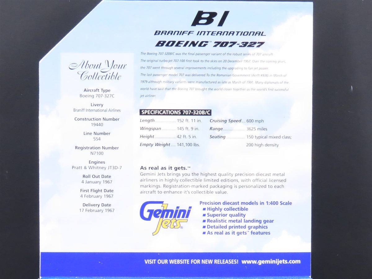 1:400 Gemini Jets Limited Edition GJBNF212 Brannif Int&#39;l Boeing 707-327 Airliner