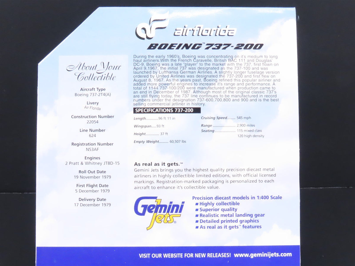 1:400 Scale Gemini Jets GJAFL132 Diecast Air Florida Boeing 737-200 Airliner
