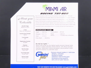 1:400 Scale GeminiJets GJBSK349 Die-Cast Miami Air Boeing 737-81Q Airliner
