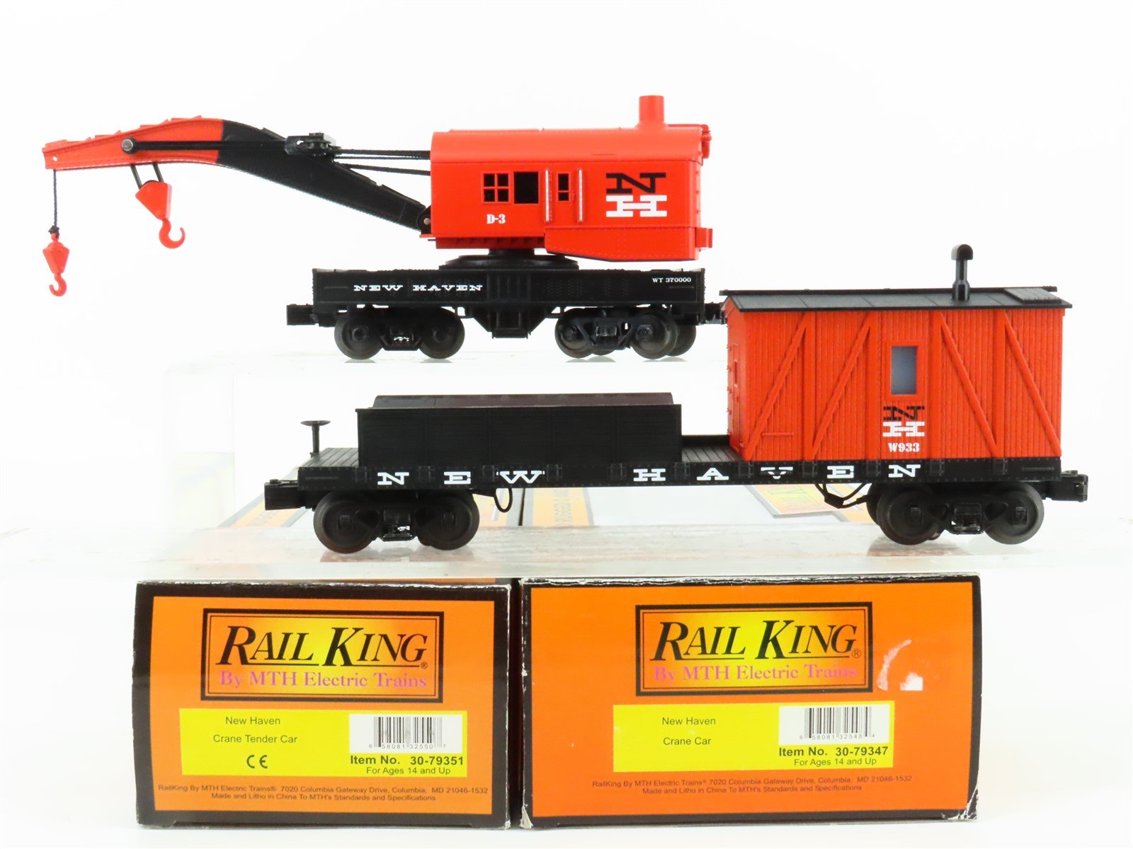 O27 Gauge 3-Rail MTH RailKing 30-79347/79351 NH New Haven Crane w/ Boom Tender