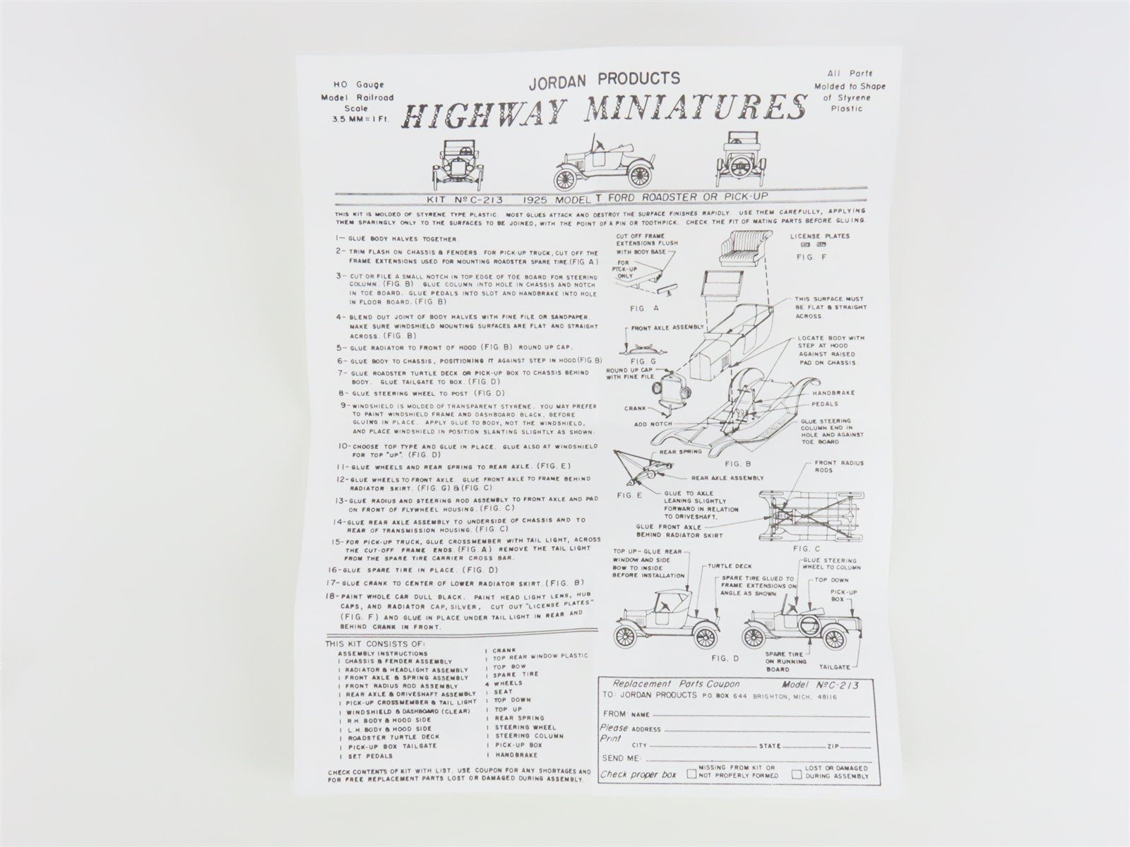 HO Scale Jordan Highway Miniatures Kit #360-213 125 Ford Roadster Pick-Up