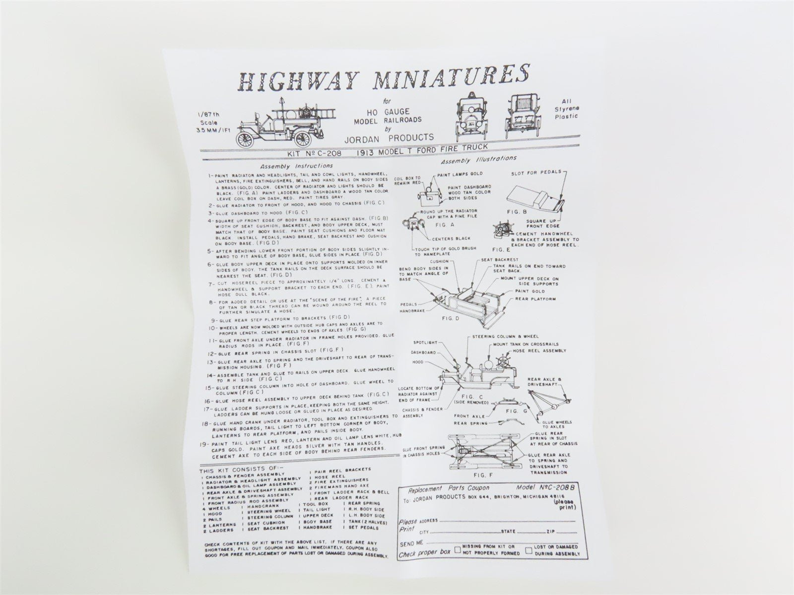 HO Scale Jordan Highway Miniatures Kit #360-208 1913 Ford Fire Truck