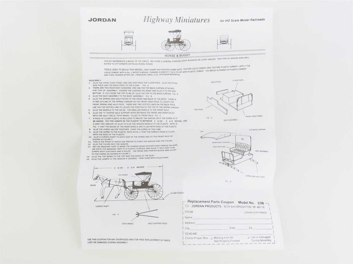 HO Scale Jordan Highway Miniatures Kit #108 Horse &amp; Buggy
