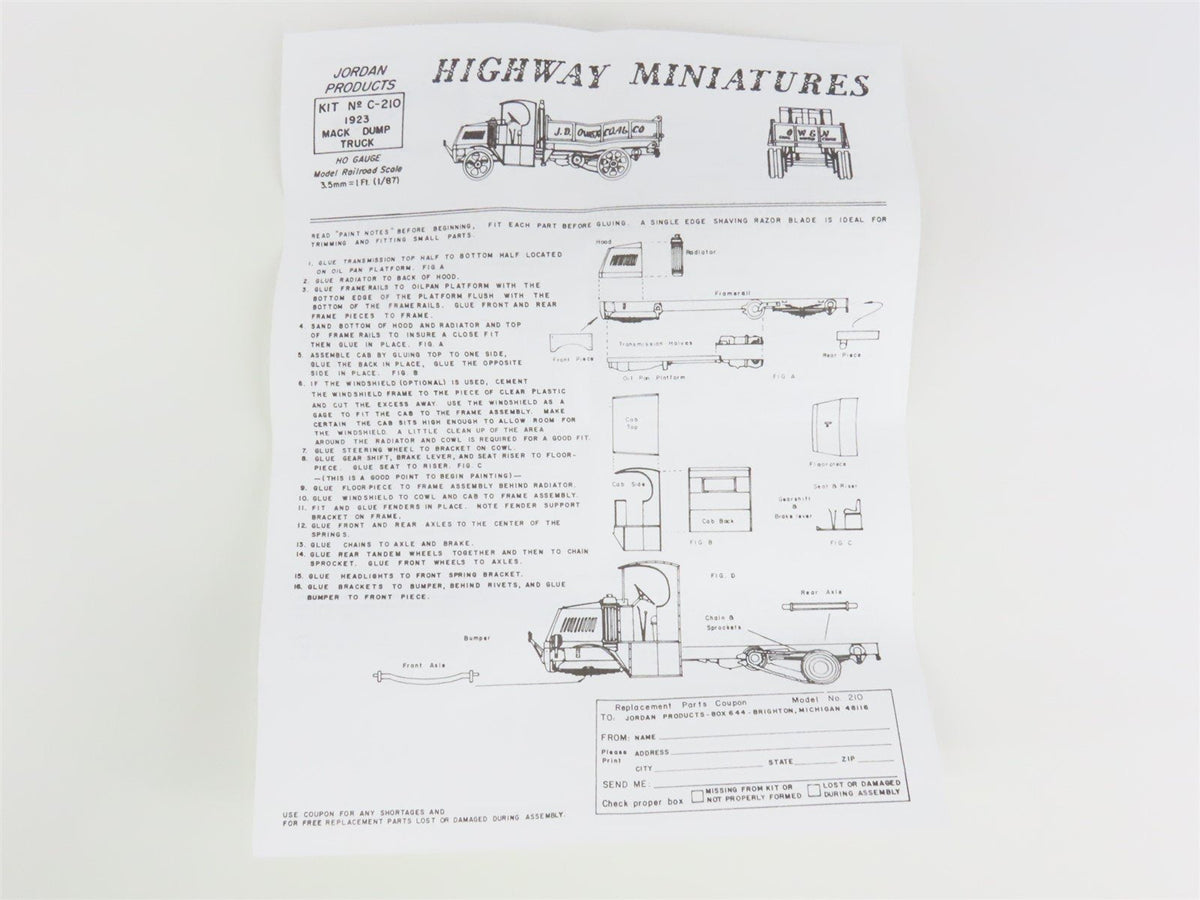 HO Scale Jordan Highway Miniatures Kit #360-210 1923 Mack Dump Truck