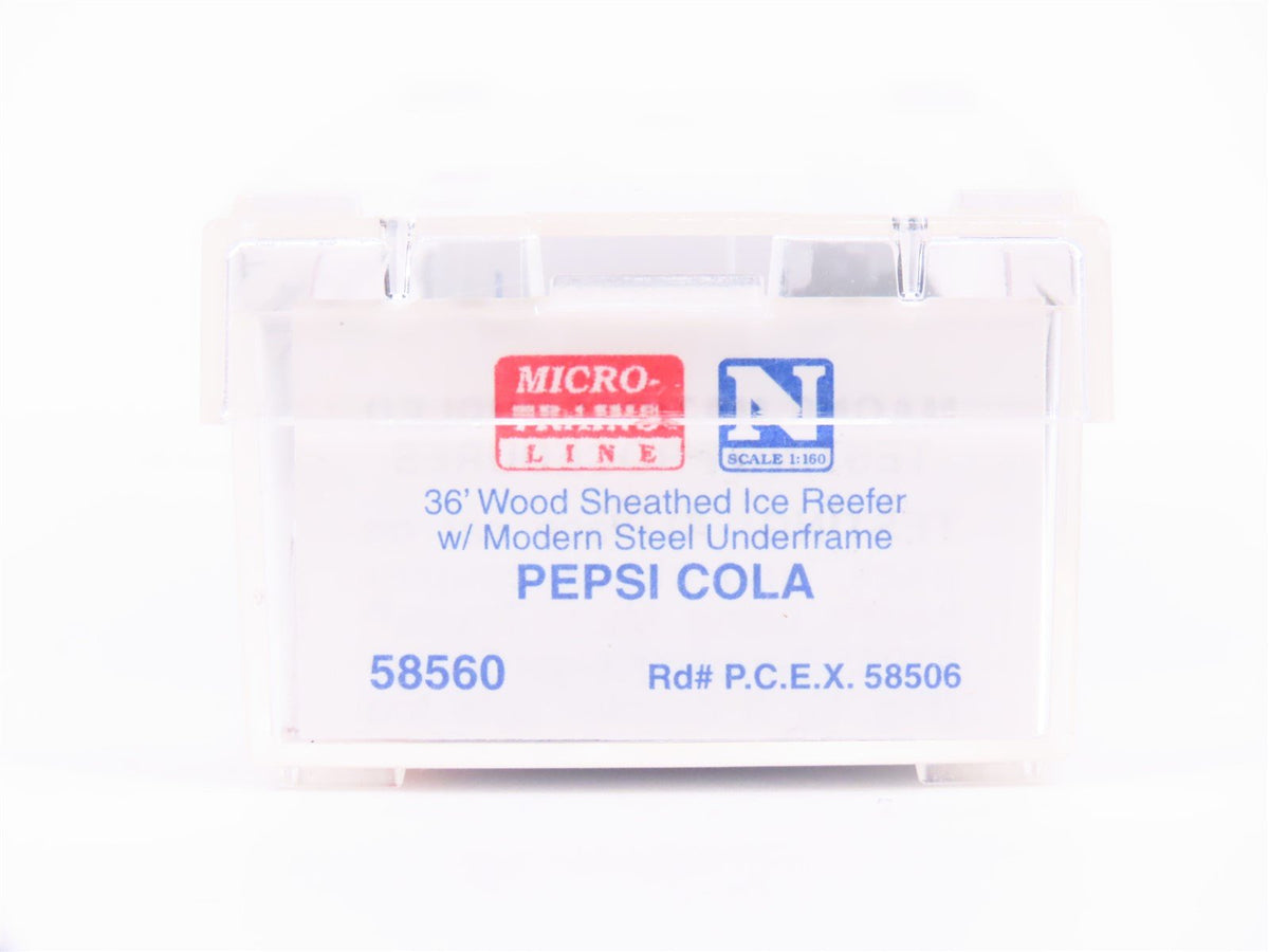 N Scale Micro-Trains MTL 58560 PCEX Pepsi Cola 36&#39; Wood Sheathed Reefer #58506