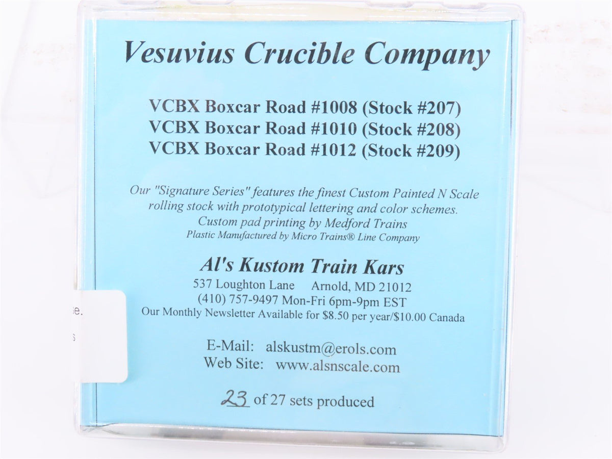 N Scale MTL Al&#39;s Kustom Train Kars VCBX Vesuvius Crucible Co 40&#39; Box Car 3-Pack