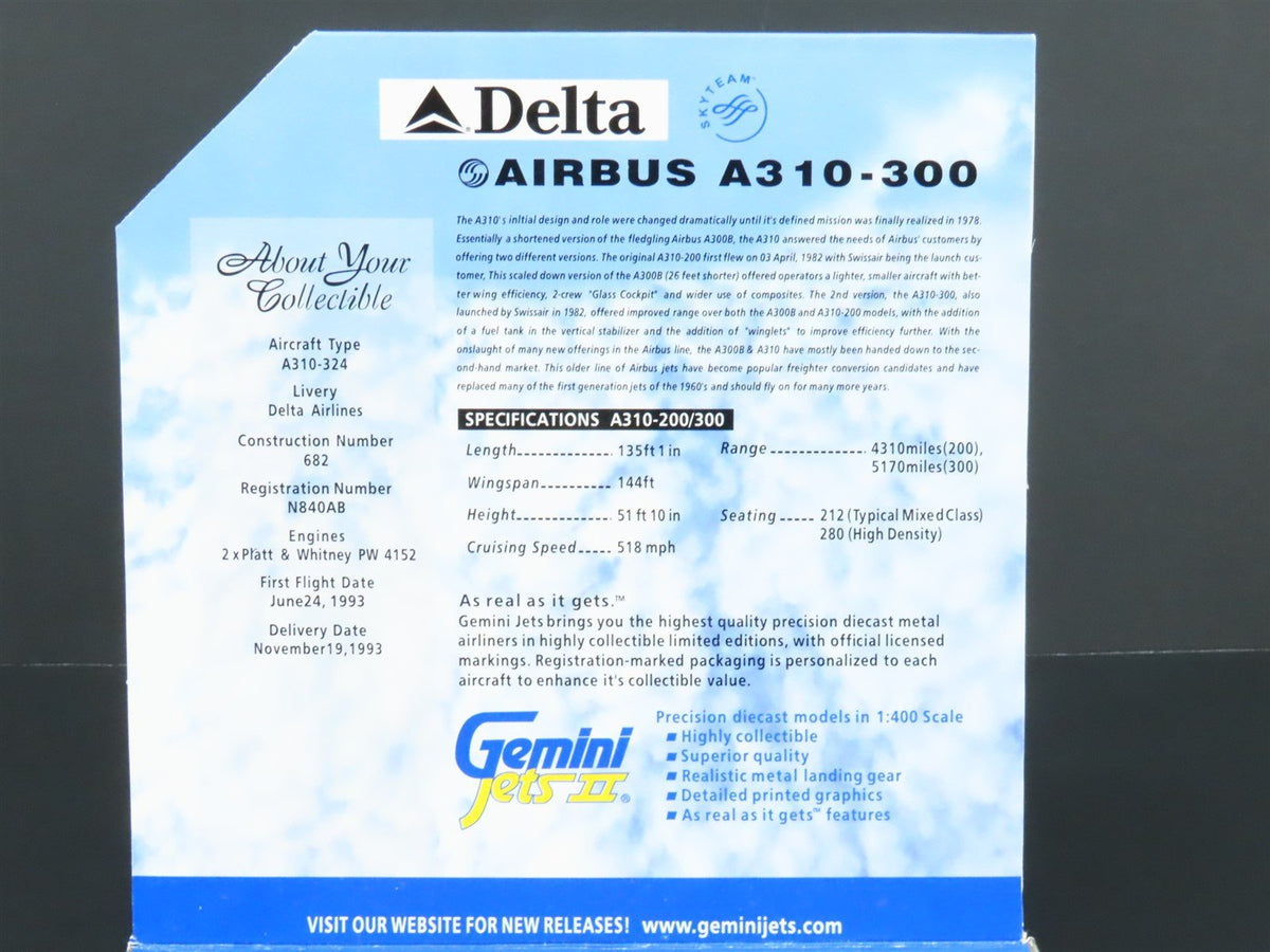 1:400 Scale GeminiJets GJDAL331 Delta Air Lines Airbus A310-300 Airliner