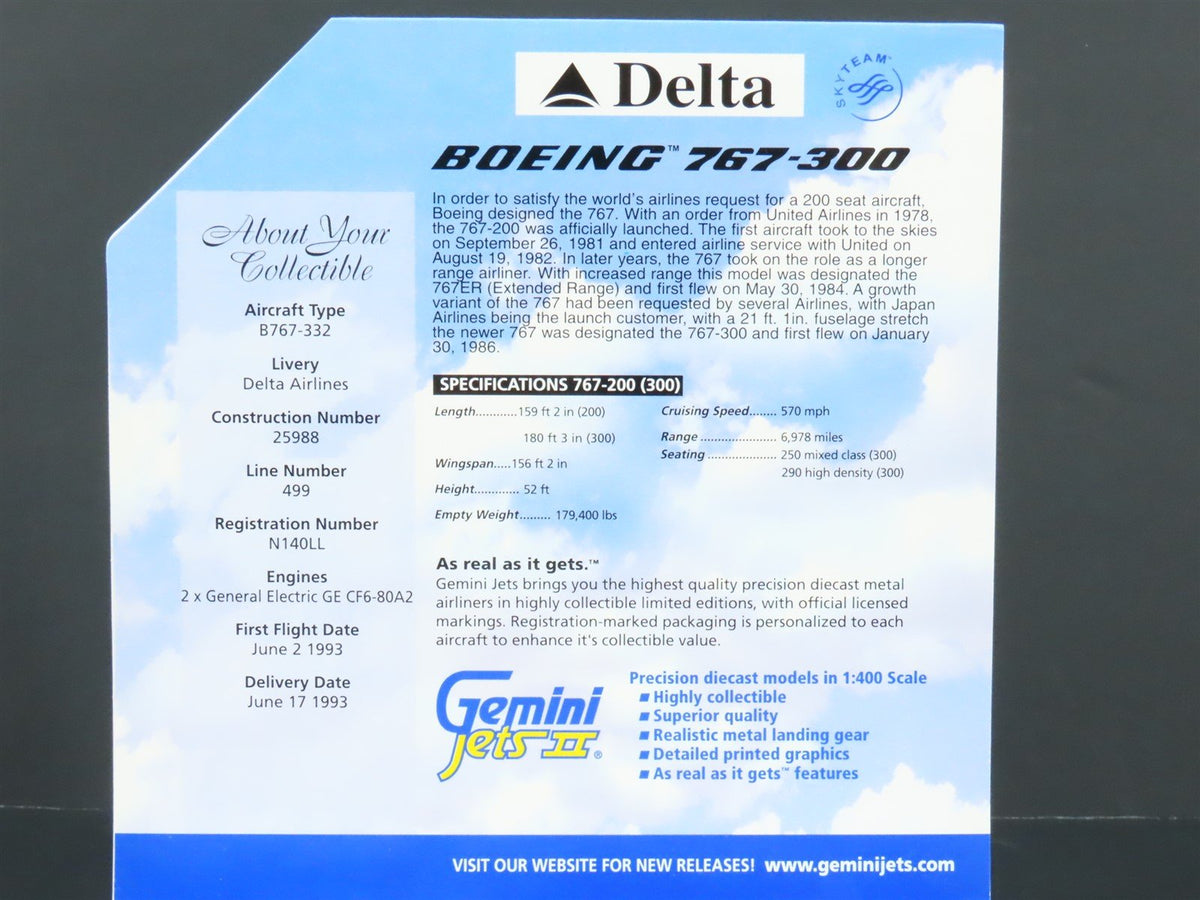 1:400 Scale GeminiJets GJDAL454 Delta Air Lines Boeing 767-300 Airliner