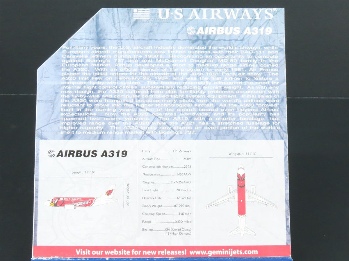 1:400 GeminiJets GJUSA890 US Airway Arizona Cardinals Airbus A319 Airliner