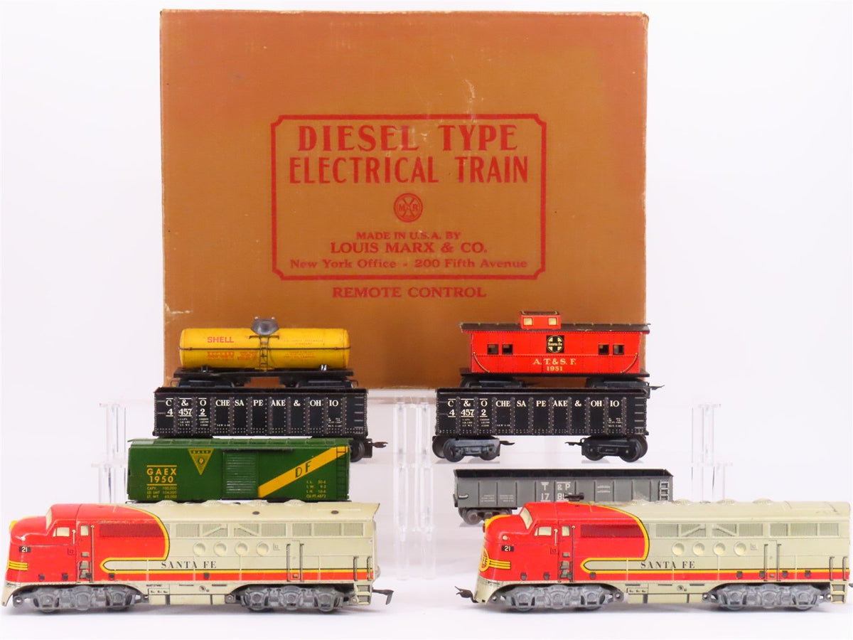 O Gauge 3-Rail Marx Tinplate ATSF Santa Fe Diesel Freight Set w/Box &amp; Extra Cars