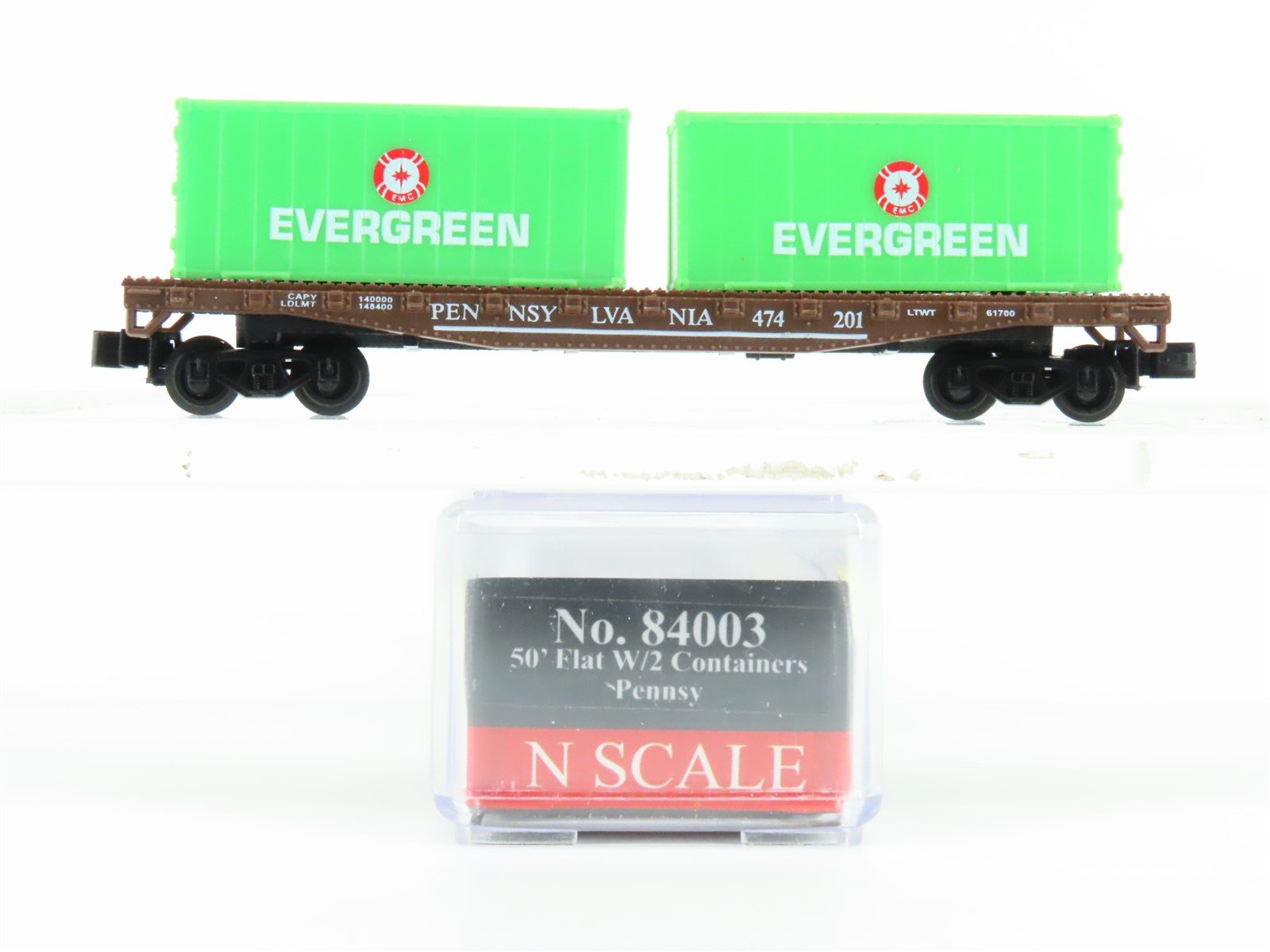 N Model Power 84003 PRR Pennsylvania 50' Flat Car #474201 w/Evergreen Containers