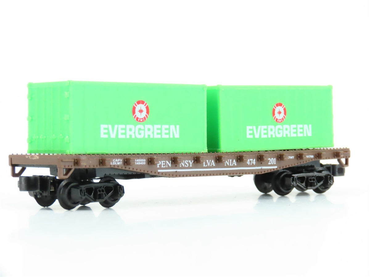 N Model Power 84003 PRR Pennsylvania 50&#39; Flat Car #474201 w/Evergreen Containers