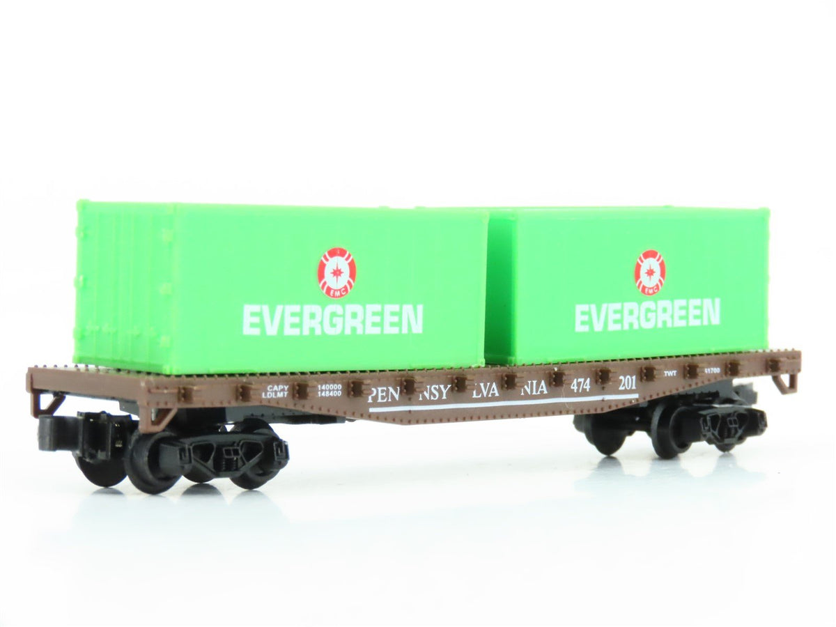 N Model Power 84003 PRR Pennsylvania 50&#39; Flat Car #474201 w/Evergreen Containers