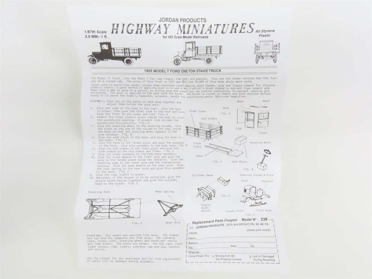 HO Scale Jordan Highway Miniatures Kit #360-238 1923 Model T Ford Stake Truck