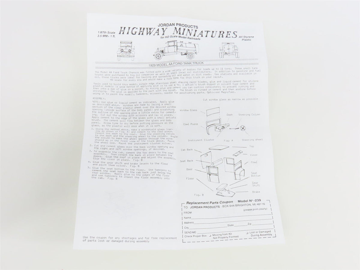 HO Scale Jordan Highway Miniatures Kit #360-239 1929 Model AA Ford Tank Truck