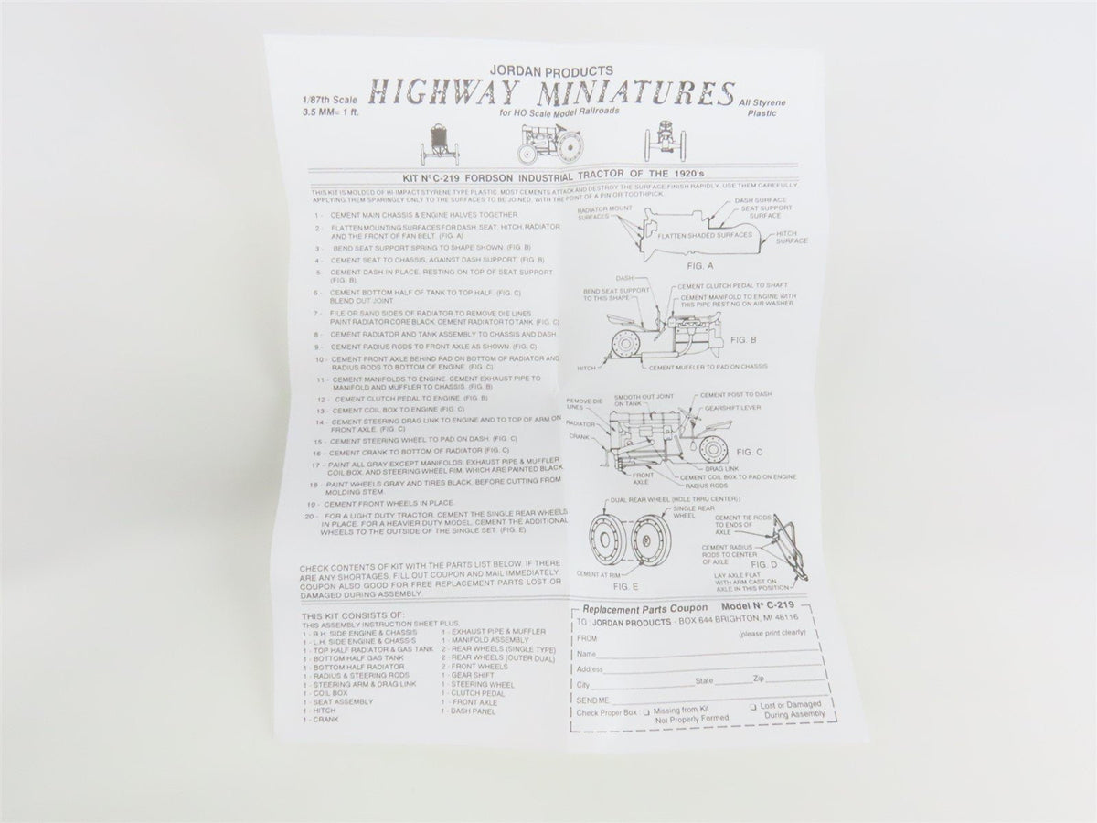 HO Scale Jordan Highway Miniatures Kit #360-219 Fordson Industrial Tractor