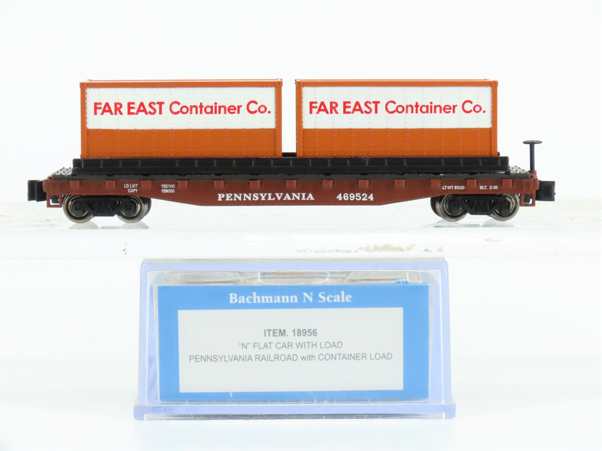 N Bachmann 18956 PRR Pennsylvania 50&#39; Flat Car #469524 w/ Far East Containers