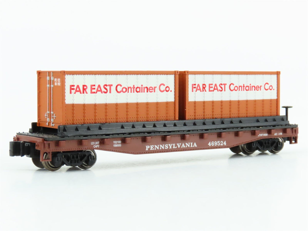 N Bachmann 18956 PRR Pennsylvania 50&#39; Flat Car #469524 w/ Far East Containers