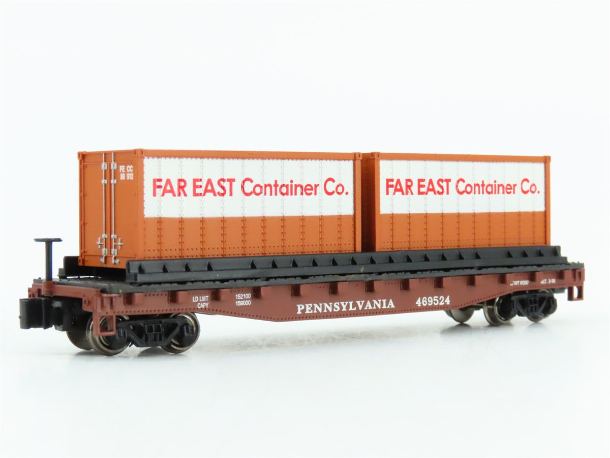 N Bachmann 18956 PRR Pennsylvania 50&#39; Flat Car #469524 w/ Far East Containers