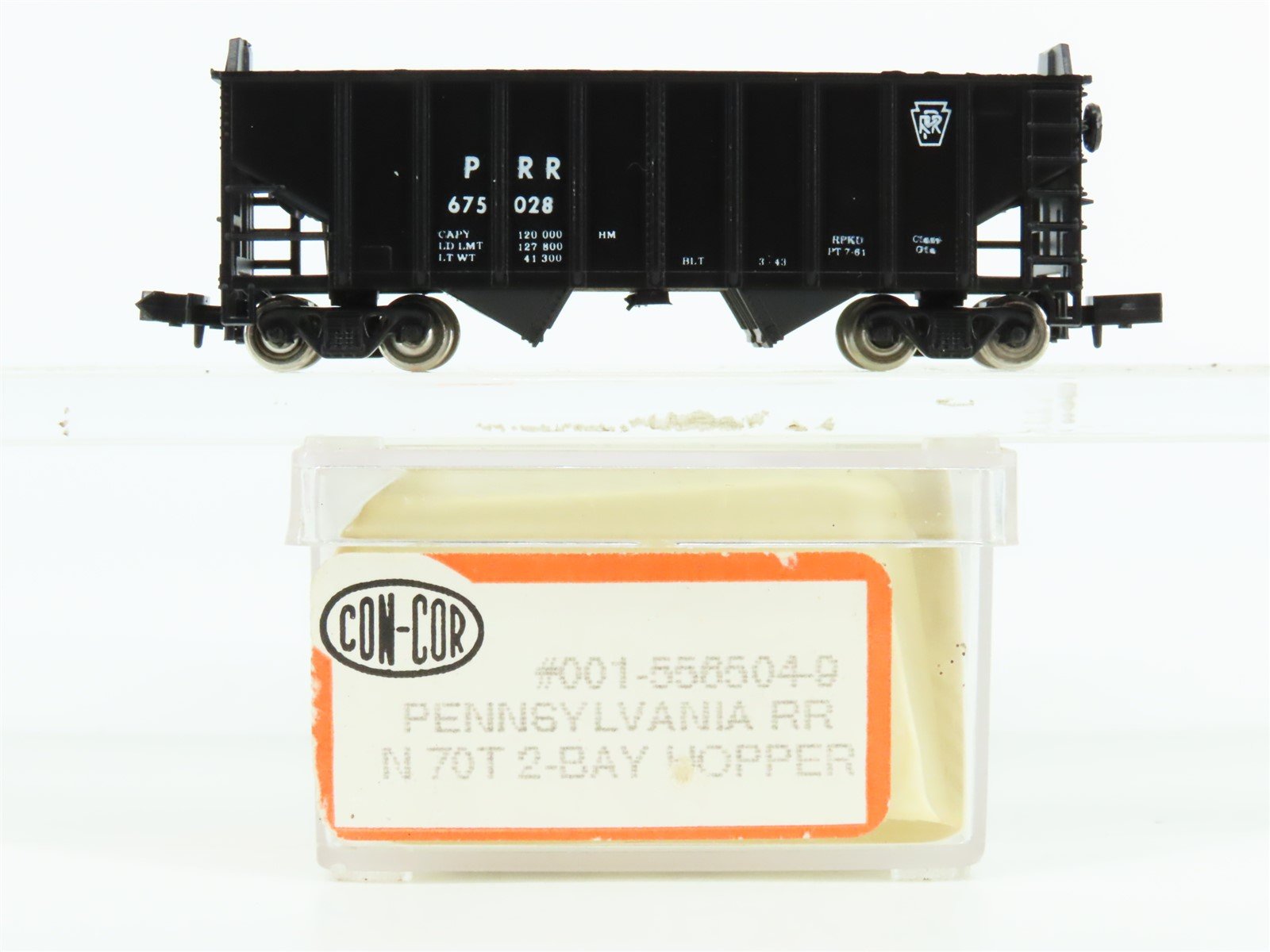 N Scale Con-Cor 001-556504-9 PRR Pennsylvania 70-Ton 2-Bay Hopper #675028