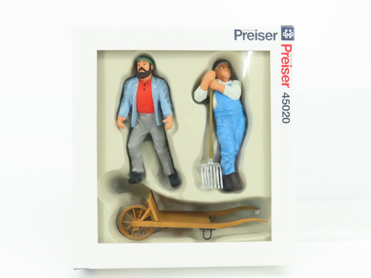 G 1/22.5 Scale Preiser 45020 Worker Figures 2-Pack w/ Wheel Barrow &amp; Pitchfork
