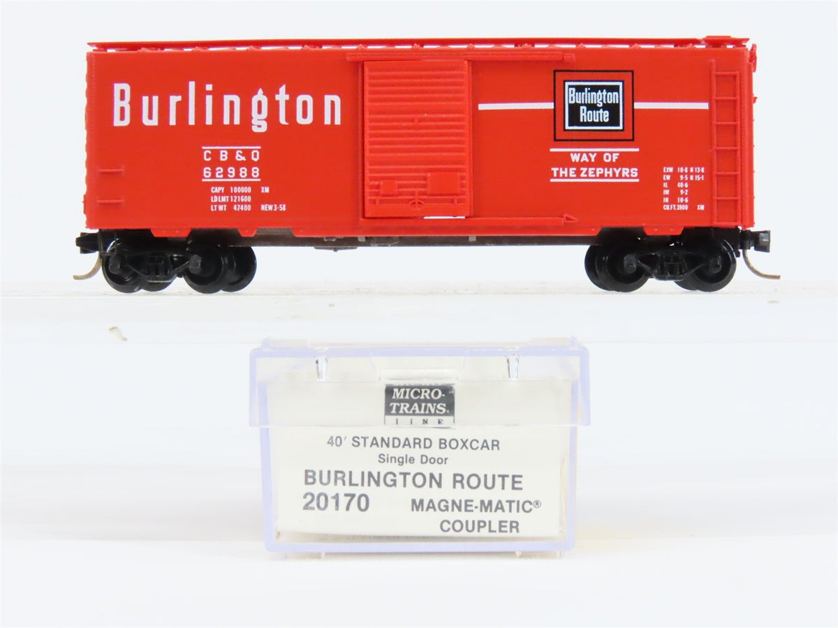 N Scale Micro-Trains MTL 20170 CBQ Burlington Route 40&#39; Standard Boxcar #62988