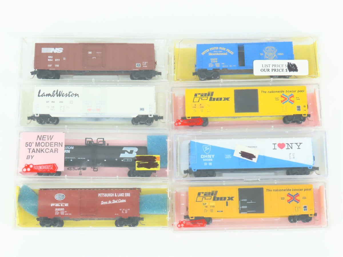 LOT of 8 N Scale Roundhouse &amp; MTL UP/P&amp;LE/DHNY/SOU/SP/NS/XTRX/&amp; More Box Cars